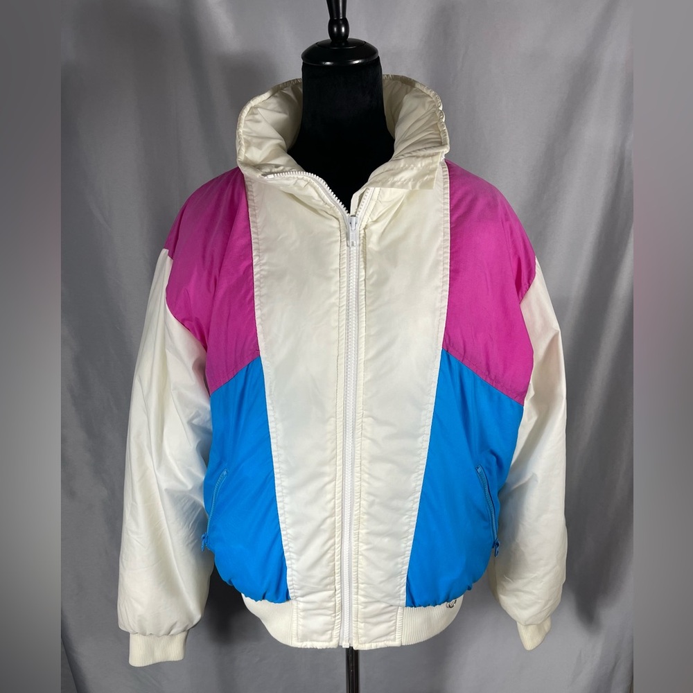 Vintage Retro Puffer Jacket Coat Color Block Ski 70s 80s Down Insulted Zip Large